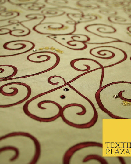 Luxury Gold Ornate Swirl Hearts SWAROVSKI Embroidered 100% PURE SILK Fabric 4642