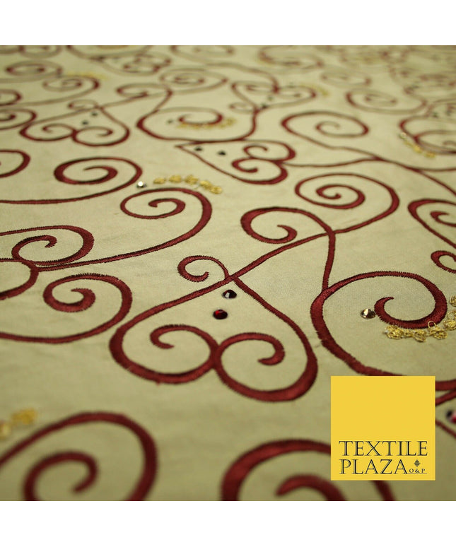 Luxury Gold Ornate Swirl Hearts SWAROVSKI Embroidered 100% PURE SILK Fabric 4642