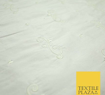 Luxury Ivory Scroll Motif Design Embroidered 100% PURE SILK Fabric 45" Wide 4648