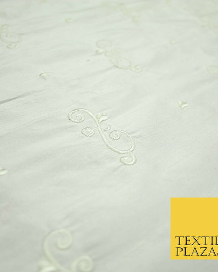 Luxury Ivory Scroll Motif Design Embroidered 100% PURE SILK Fabric 45" Wide 4648