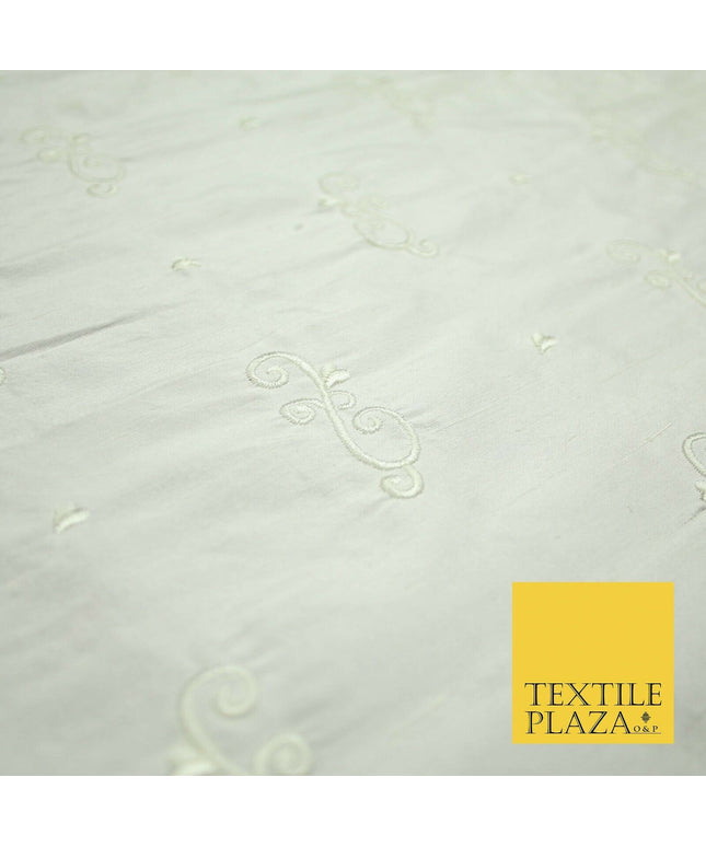 Luxury Ivory Scroll Motif Design Embroidered 100% PURE SILK Fabric 45" Wide 4648
