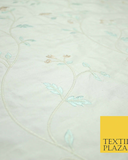 Luxury Ivory Light Blue Floral Ivy Embroidered 100% PURE SILK Fabric 45" 4647