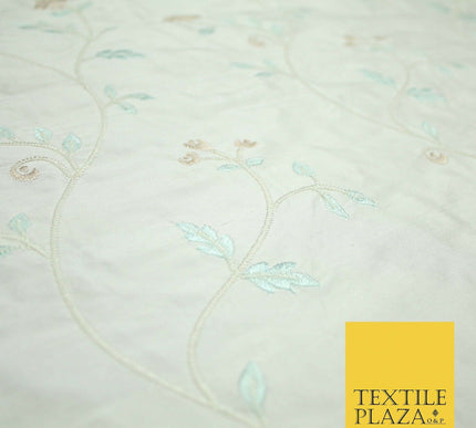 Luxury Ivory Light Blue Floral Ivy Embroidered 100% PURE SILK Fabric 45" 4647