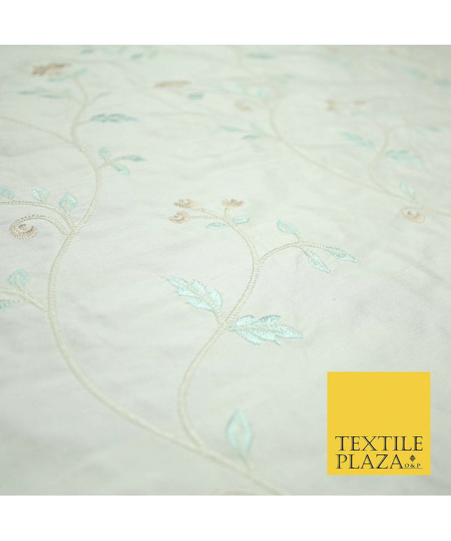 Luxury Ivory Light Blue Floral Ivy Embroidered 100% PURE SILK Fabric 45" 4647