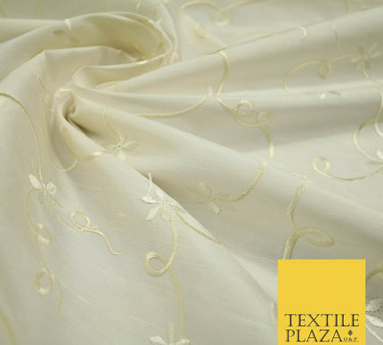 Luxury Ivory Flower Ribbon Swirls Embroidered 100% PURE SILK Fabric 53" 4650