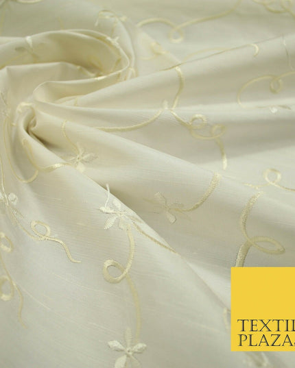 Luxury Ivory Flower Ribbon Swirls Embroidered 100% PURE SILK Fabric 53" 4650