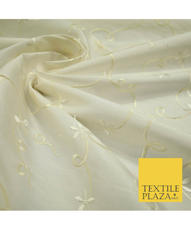 Luxury Ivory Flower Ribbon Swirls Embroidered 100% PURE SILK Fabric 53" 4650