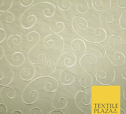 Luxury Beige Gold Fancy Swirl Curls Embroidered 100% PURE SILK Fabric 45" 4651