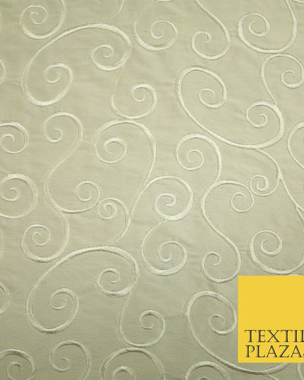 Luxury Beige Gold Fancy Swirl Curls Embroidered 100% PURE SILK Fabric 45" 4651