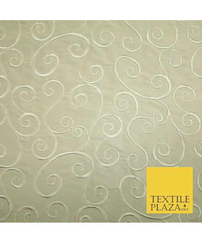Luxury Beige Gold Fancy Swirl Curls Embroidered 100% PURE SILK Fabric 45" 4651