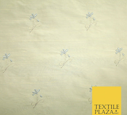 Luxury Light Gold Mini Grey Flowers Embroidered 100% PURE SILK Fabric 45" 4652