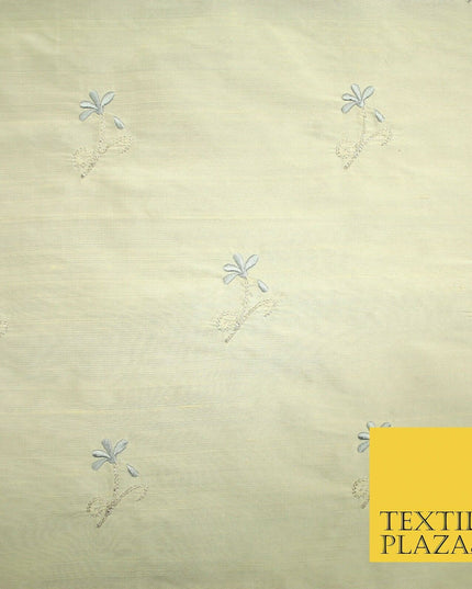 Luxury Light Gold Mini Grey Flowers Embroidered 100% PURE SILK Fabric 45" 4652