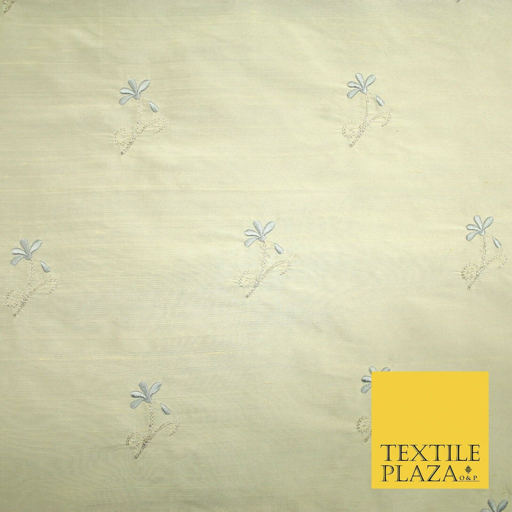 Luxury Light Gold Mini Grey Flowers Embroidered 100% PURE SILK Fabric 45" 4652