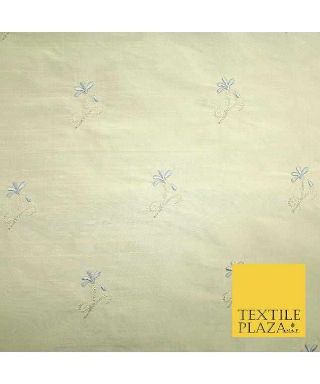 Luxury Light Gold Mini Grey Flowers Embroidered 100% PURE SILK Fabric 45" 4652