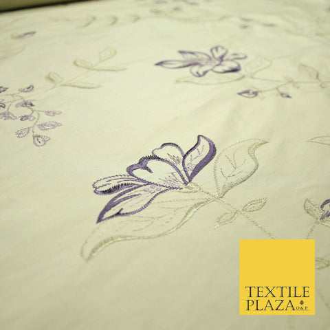 Luxury Light Gold Lilac Flower Bloom Embroidered 100% PURE SILK Fabric 48" 4643