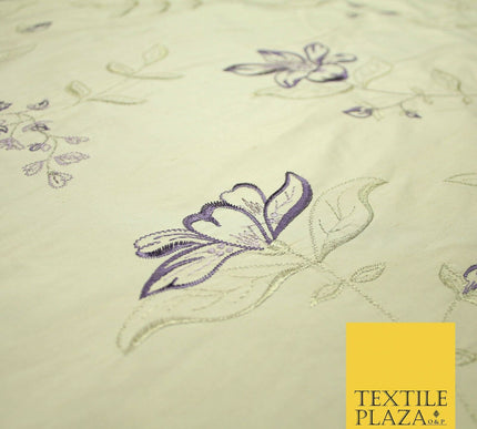 Luxury Light Gold Lilac Flower Bloom Embroidered 100% PURE SILK Fabric 48" 4643