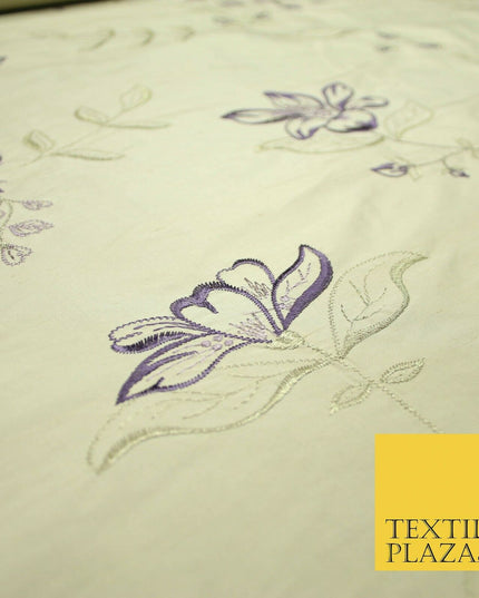 Luxury Light Gold Lilac Flower Bloom Embroidered 100% PURE SILK Fabric 48" 4643