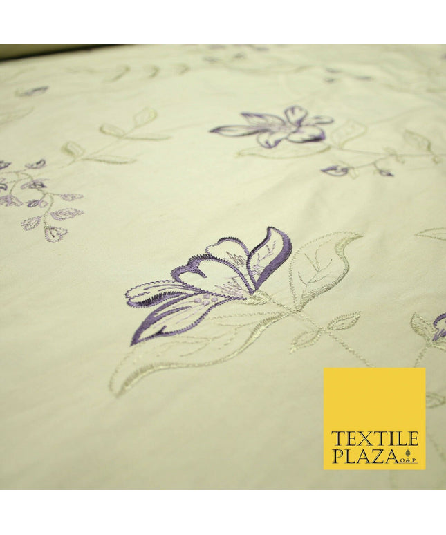 Luxury Light Gold Lilac Flower Bloom Embroidered 100% PURE SILK Fabric 48" 4643