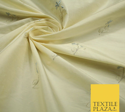 Luxury Light Gold Mini Grey Flowers Embroidered 100% PURE SILK Fabric 45" 4652