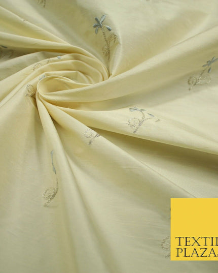Luxury Light Gold Mini Grey Flowers Embroidered 100% PURE SILK Fabric 45" 4652
