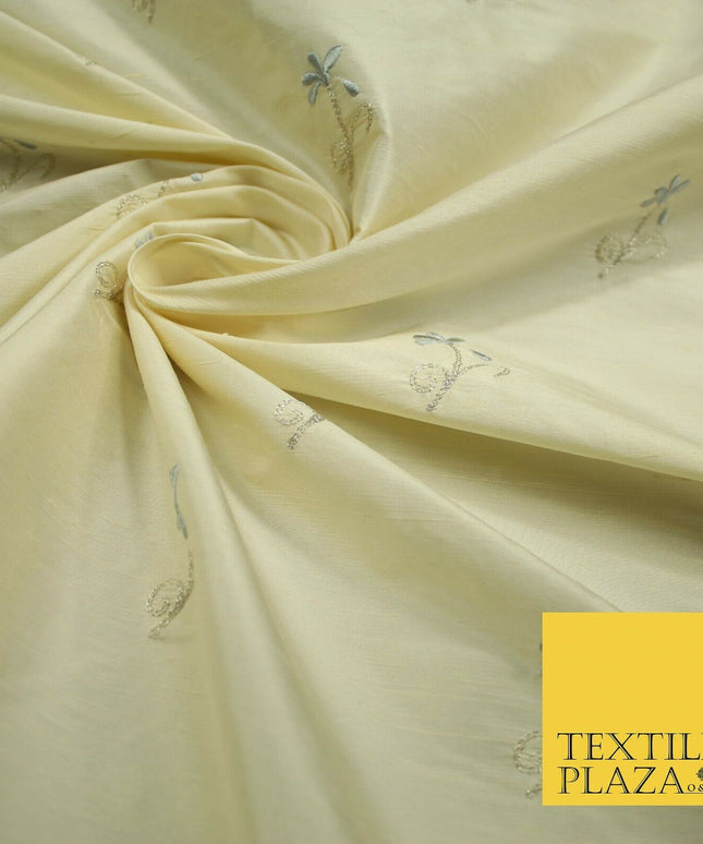 Luxury Light Gold Mini Grey Flowers Embroidered 100% PURE SILK Fabric 45" 4652