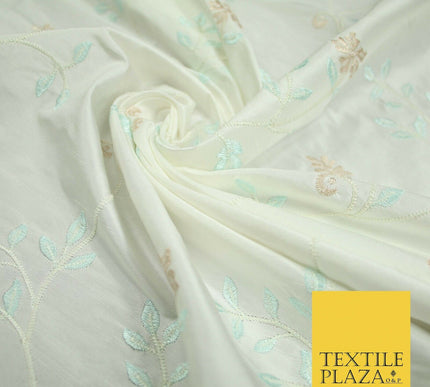 Luxury Ivory Light Blue Floral Ivy Embroidered 100% PURE SILK Fabric 45" 4647