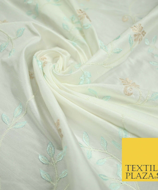 Luxury Ivory Light Blue Floral Ivy Embroidered 100% PURE SILK Fabric 45" 4647