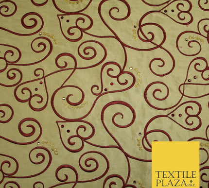 Luxury Gold Ornate Swirl Hearts SWAROVSKI Embroidered 100% PURE SILK Fabric 4642