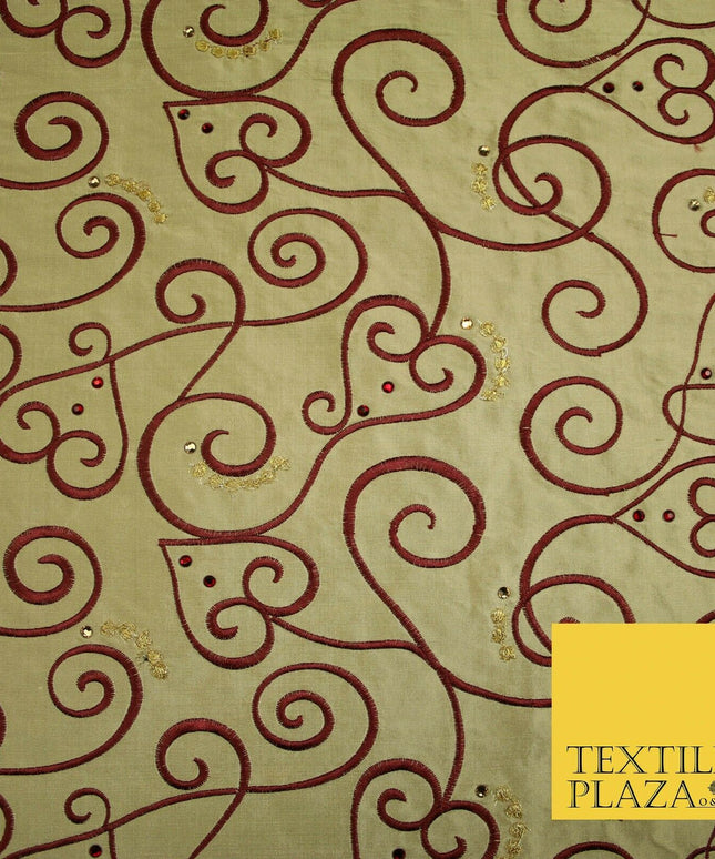 Luxury Gold Ornate Swirl Hearts SWAROVSKI Embroidered 100% PURE SILK Fabric 4642