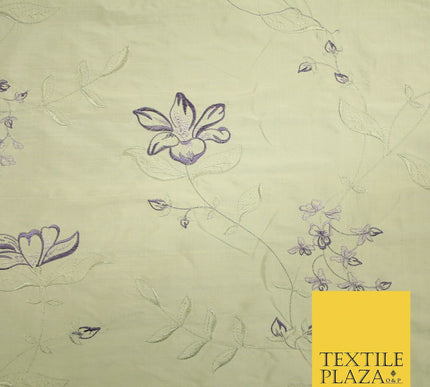Luxury Light Gold Lilac Flower Bloom Embroidered 100% PURE SILK Fabric 48" 4643