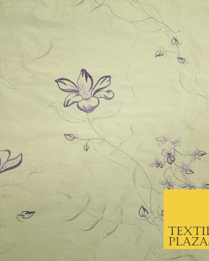 Luxury Light Gold Lilac Flower Bloom Embroidered 100% PURE SILK Fabric 48" 4643