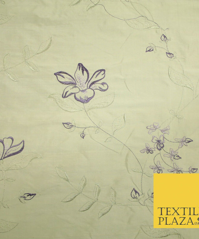 Luxury Light Gold Lilac Flower Bloom Embroidered 100% PURE SILK Fabric 48" 4643