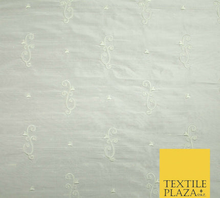 Luxury Ivory Scroll Motif Design Embroidered 100% PURE SILK Fabric 45" Wide 4648