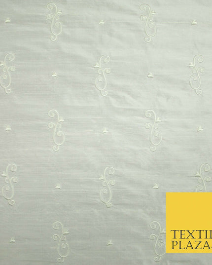 Luxury Ivory Scroll Motif Design Embroidered 100% PURE SILK Fabric 45" Wide 4648
