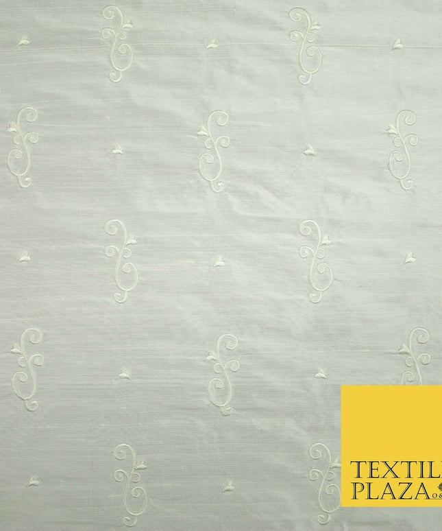Luxury Ivory Scroll Motif Design Embroidered 100% PURE SILK Fabric 45" Wide 4648