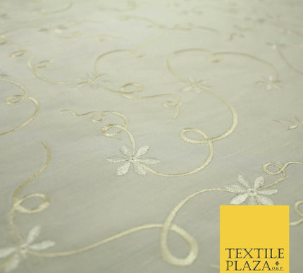 Luxury Ivory Flower Ribbon Swirls Embroidered 100% PURE SILK Fabric 53" 4650