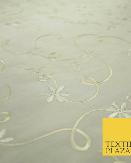 Luxury Ivory Flower Ribbon Swirls Embroidered 100% PURE SILK Fabric 53" 4650