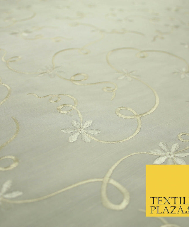 Luxury Ivory Flower Ribbon Swirls Embroidered 100% PURE SILK Fabric 53" 4650