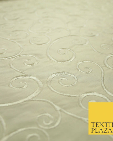 Luxury Beige Gold Fancy Swirl Curls Embroidered 100% PURE SILK Fabric 45" 4651