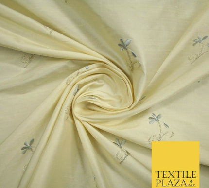 Luxury Light Gold Mini Grey Flowers Embroidered 100% PURE SILK Fabric 45" 4652