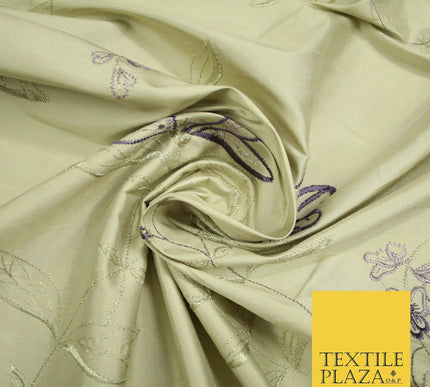 Luxury Light Gold Lilac Flower Bloom Embroidered 100% PURE SILK Fabric 48" 4643