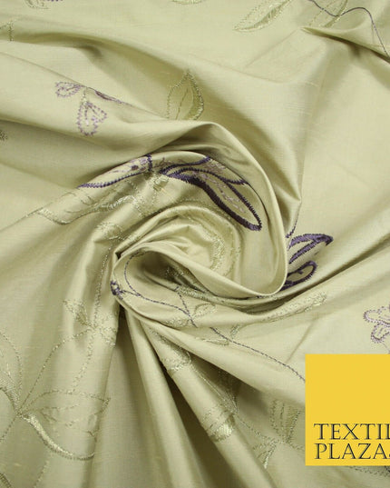Luxury Light Gold Lilac Flower Bloom Embroidered 100% PURE SILK Fabric 48" 4643