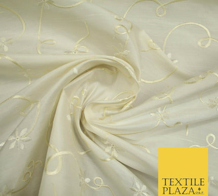 Luxury Ivory Flower Ribbon Swirls Embroidered 100% PURE SILK Fabric 53" 4650