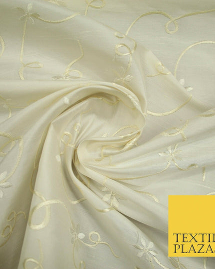 Luxury Ivory Flower Ribbon Swirls Embroidered 100% PURE SILK Fabric 53" 4650