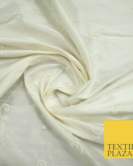 Luxury Ivory Scroll Motif Design Embroidered 100% PURE SILK Fabric 45" Wide 4648