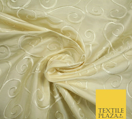 Luxury Beige Gold Fancy Swirl Curls Embroidered 100% PURE SILK Fabric 45" 4651