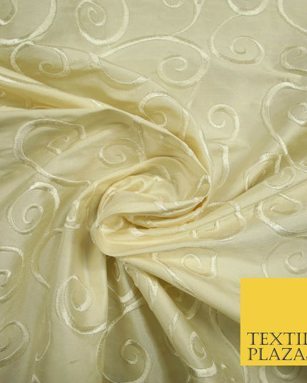 Luxury Beige Gold Fancy Swirl Curls Embroidered 100% PURE SILK Fabric 45" 4651