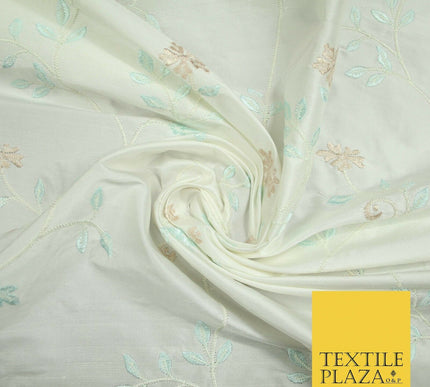 Luxury Ivory Light Blue Floral Ivy Embroidered 100% PURE SILK Fabric 45" 4647