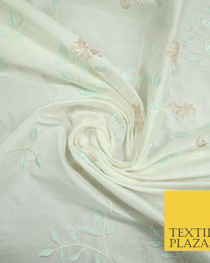 Luxury Ivory Light Blue Floral Ivy Embroidered 100% PURE SILK Fabric 45" 4647
