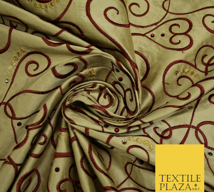 Luxury Gold Ornate Swirl Hearts SWAROVSKI Embroidered 100% PURE SILK Fabric 4642
